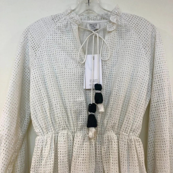 RARE Hemant & Nandita Embroidered Eyelet Tassled V Neck Cotton Mini Dress XS NWT - Picture 5 of 11
